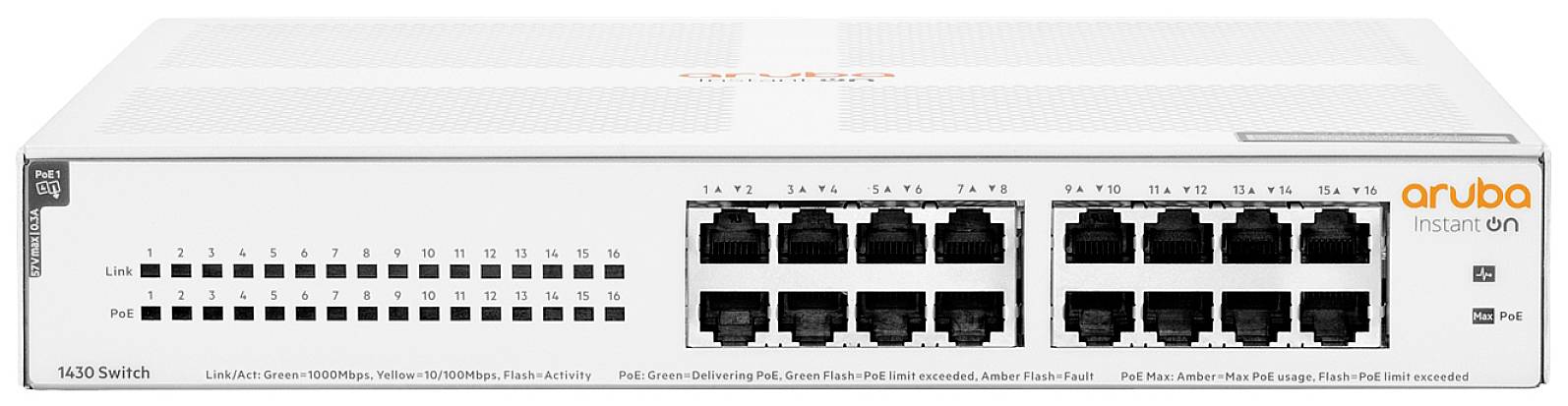 Un commutateur réseau blanc avec 24 ports Ethernet et le logo Aruba. Les ports "1-12" et "13-24" sont indiqués sur la face avant.