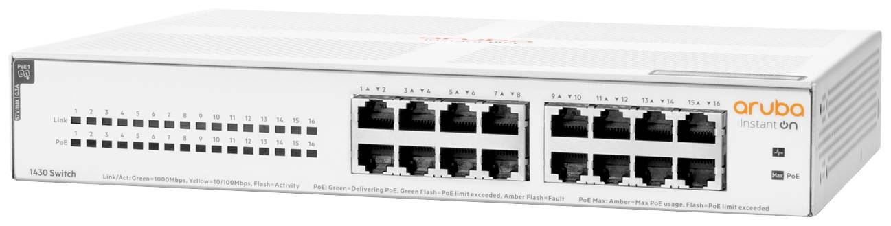 Un commutateur réseau blanc avec 24 ports Ethernet et portant l'inscription 'aruba instant on'.