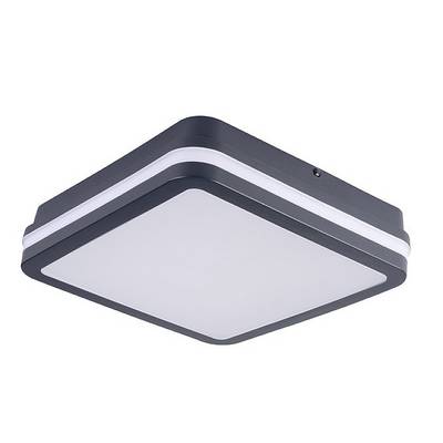 Un plafonnier carré avec un cadre noir et un panneau lumineux blanc, adapté aux intérieurs modernes.