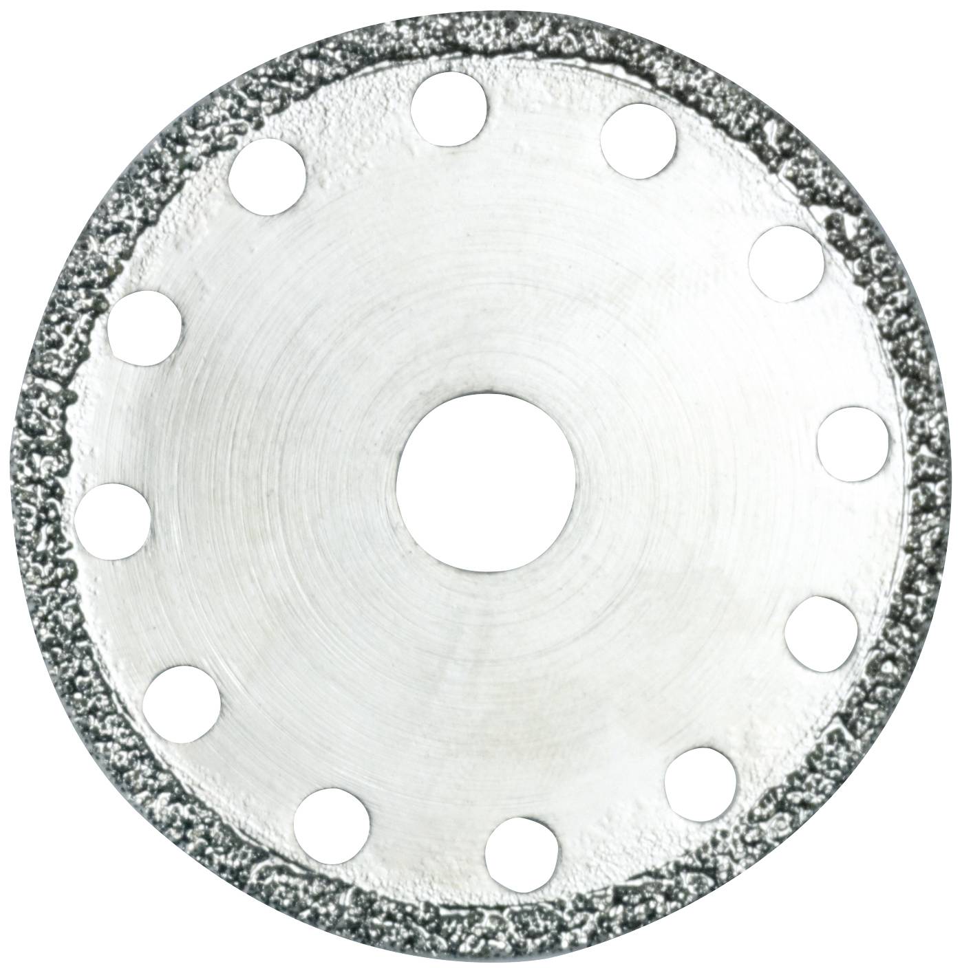 Un disque rond en métal argenté avec un bord dentelé plus foncé et plusieurs trous répartis uniformément autour du centre.