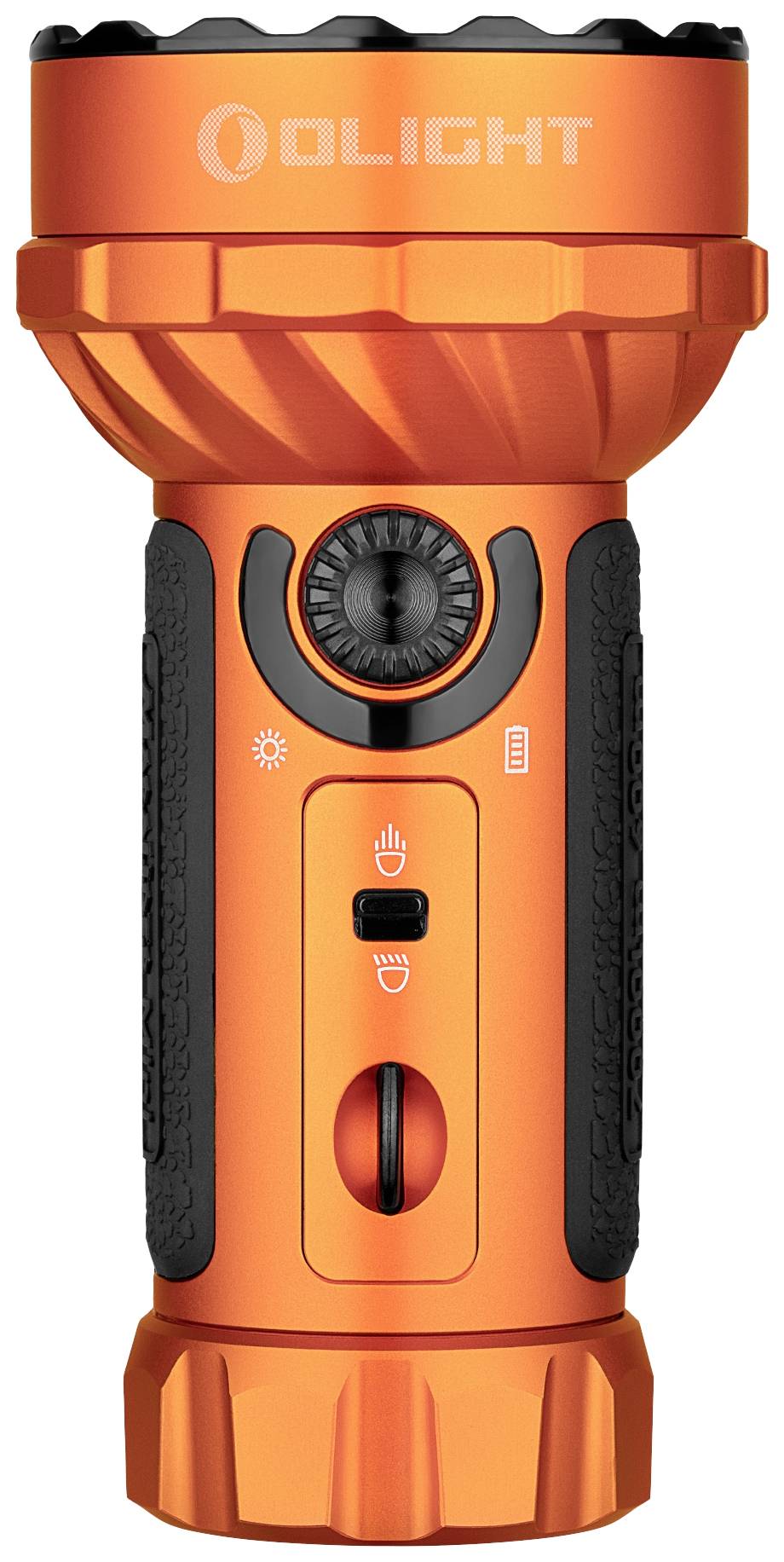 Une lampe de poche orange avec une poignée texturée, un bouton de luminosité en haut et un interrupteur coulissant au milieu.