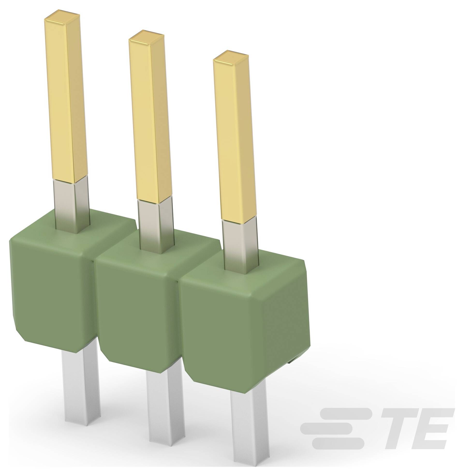 Un connecteur à en-tête 3 broches avec broches plaquées or et boîtier vert, vu sous un angle, avec trois pattes de montage PCB grises.