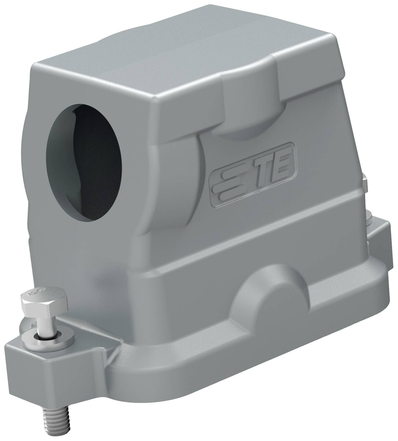 Boîtier métallique avec une vis à filetage latéral. Marqué 'ETB'. Utilisé pour couvrir et protéger les connexions de raccordement.