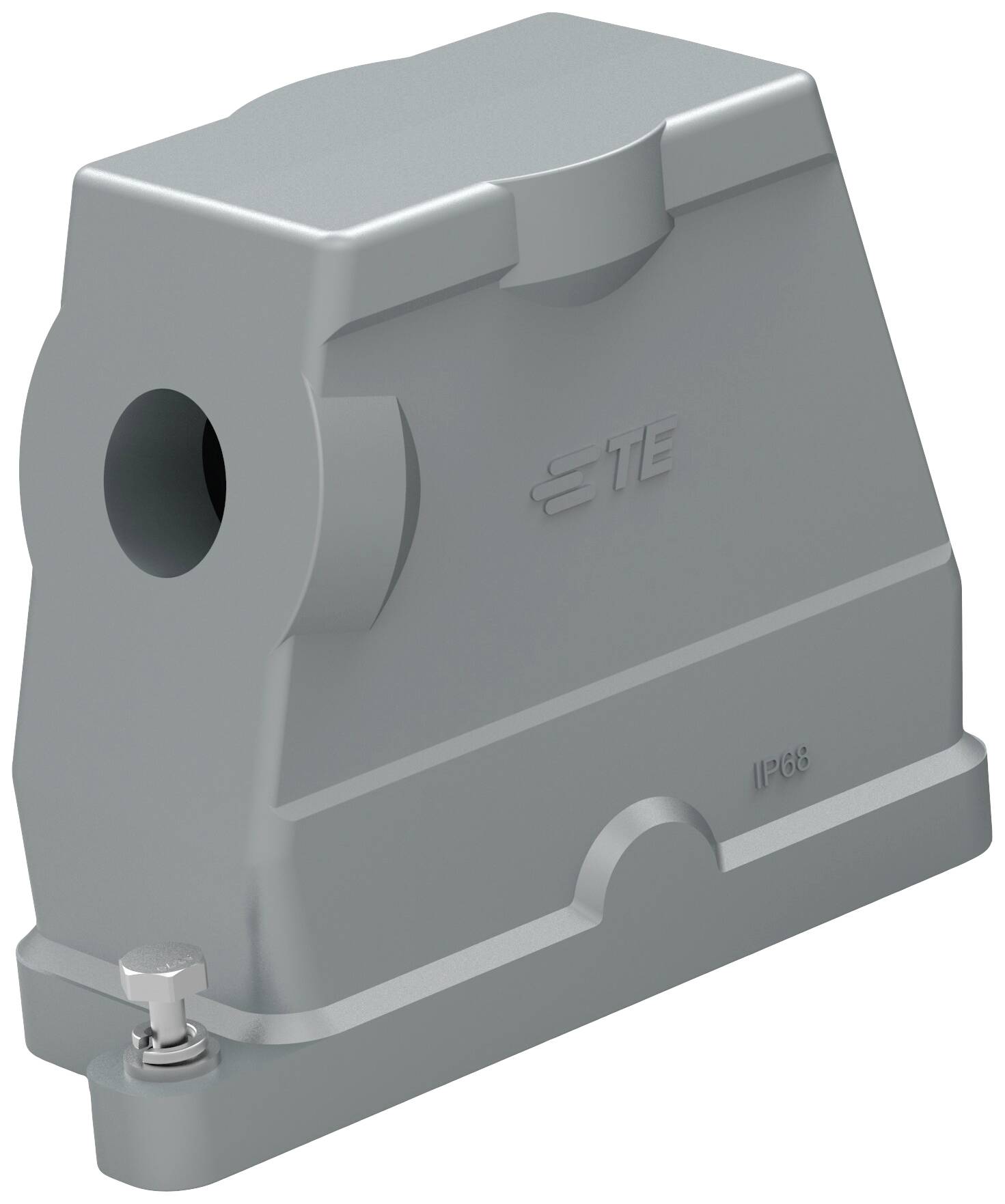 Une protection industrielle robuste grise portant l'inscription 'IP68', couvrant un connecteur ou une connexion.