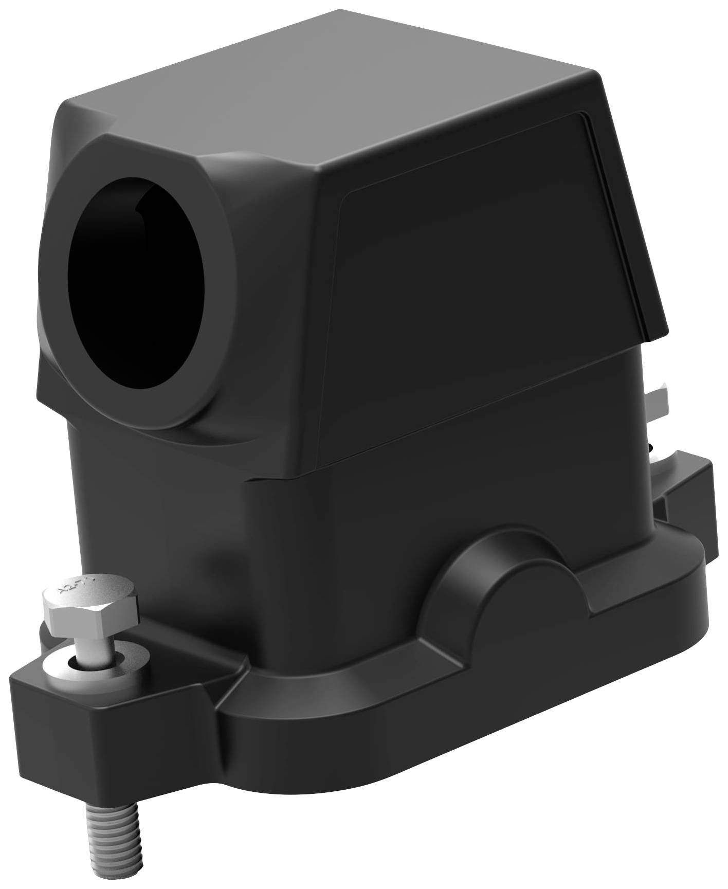 Boîtier en plastique noir de forme rectangulaire avec des coins arrondis. Comprend des connexions à vis à la base.