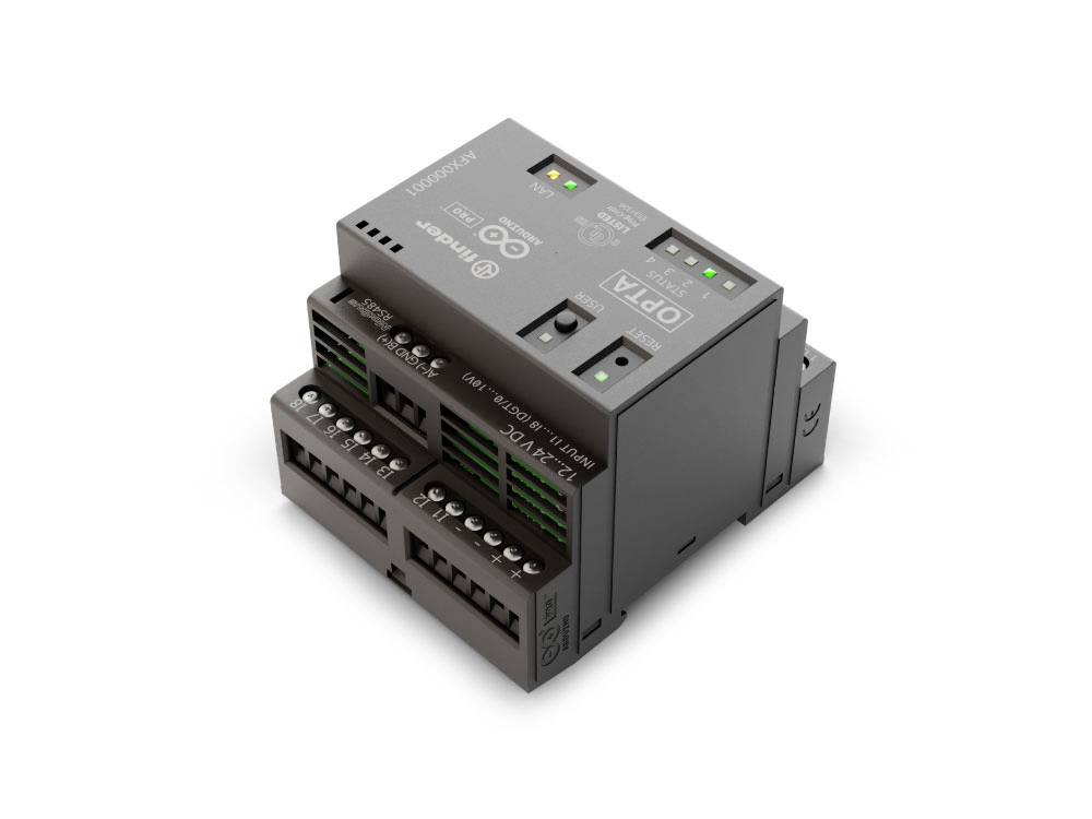 Unité de commande électronique compacte de couleur grise, dotée de plusieurs connexions et voyants LED, adaptée à l'automatisation industrielle.