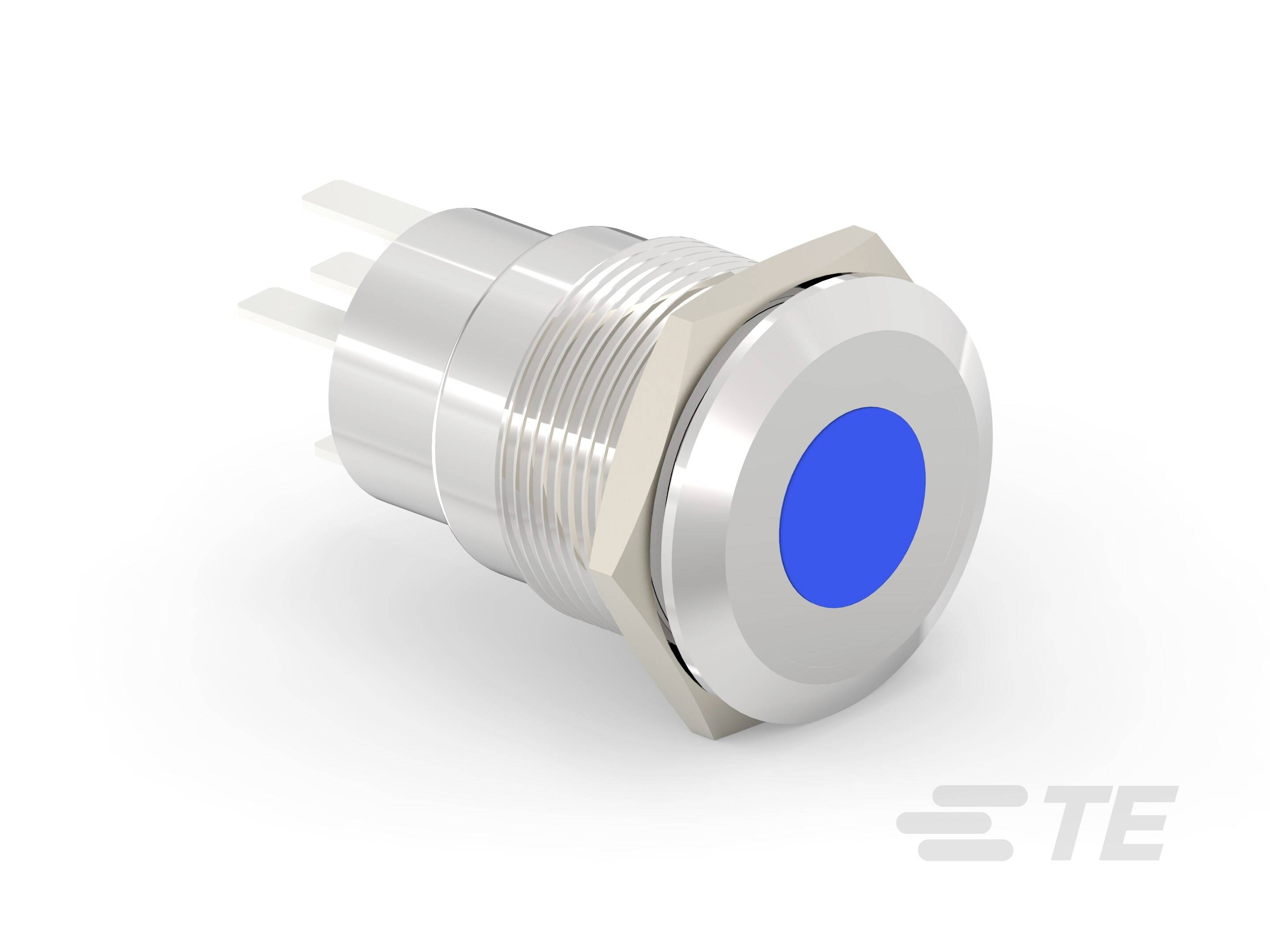Un interrupteur rond chromé avec un bouton bleu au centre, adapté pour commander des appareils.