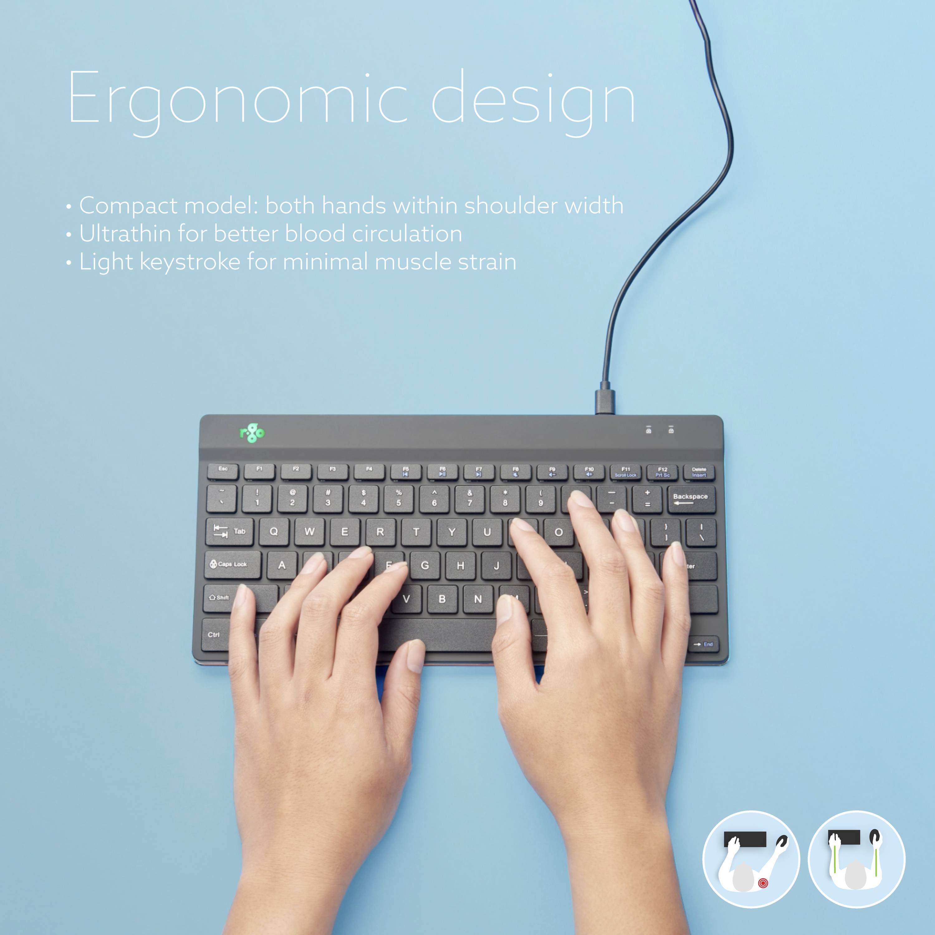 Une personne tape sur un clavier compact situé dans les limites de la largeur des épaules. Le texte décrit les avantages ergonomiques et la légèreté des frappes.