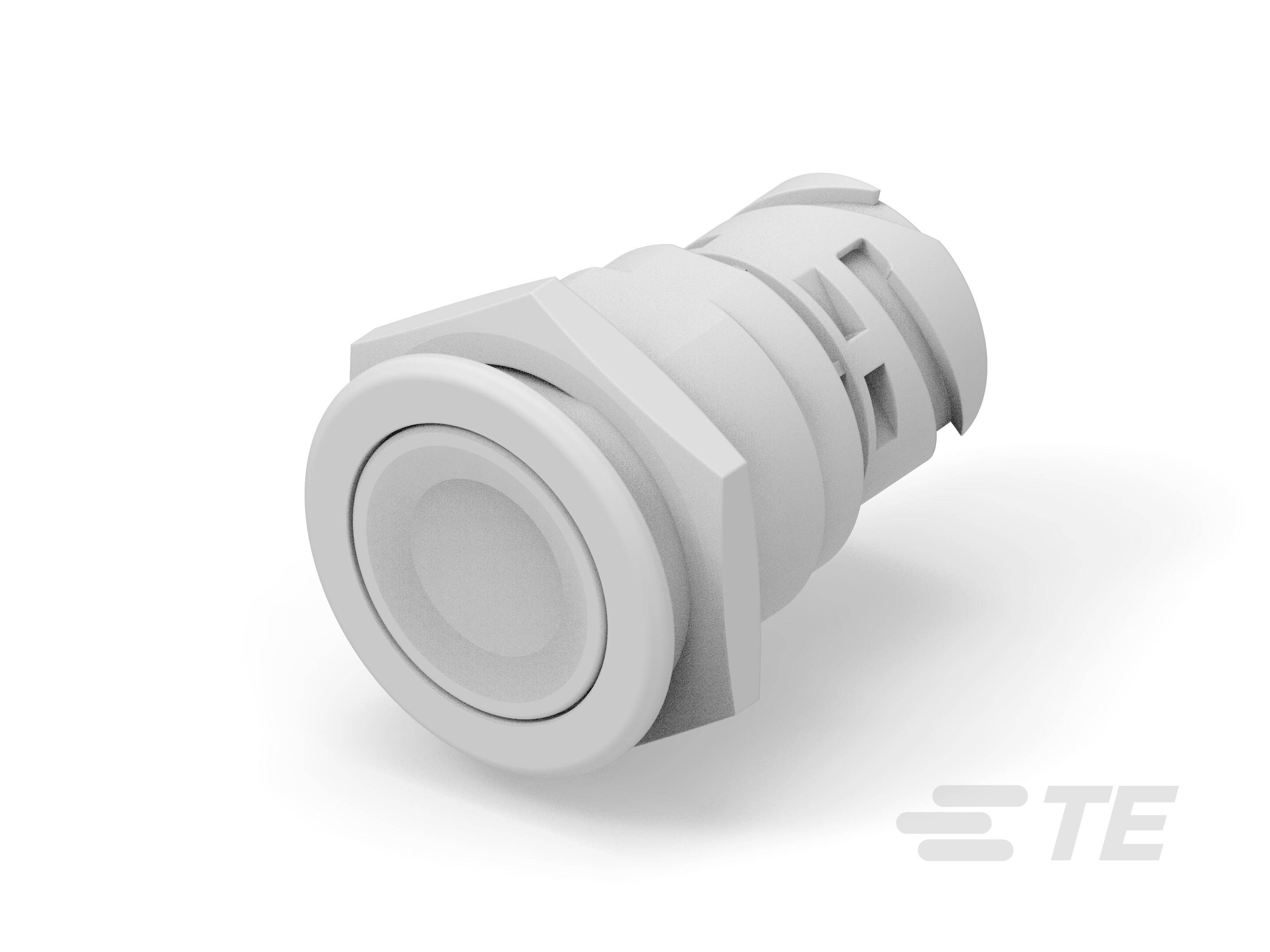 Un bouton-poussoir blanc rond avec une base hexagonale, adapté au montage dans un appareil ou un panneau.
