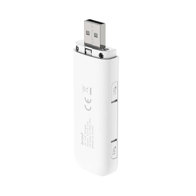 Une clé USB blanche avec marquage CE et un boîtier de protection. En haut se trouve le capuchon amovible avec un port USB.