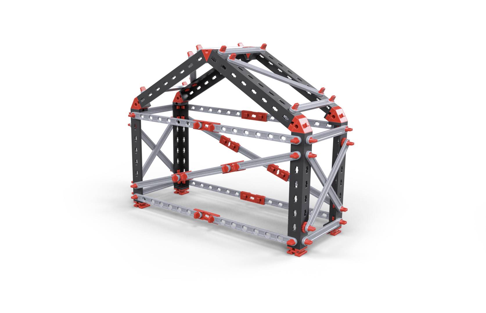 Construction métallique d'une maison simple avec un toit triangulaire noir, des entretoises argentées et des éléments de connexion rouges.