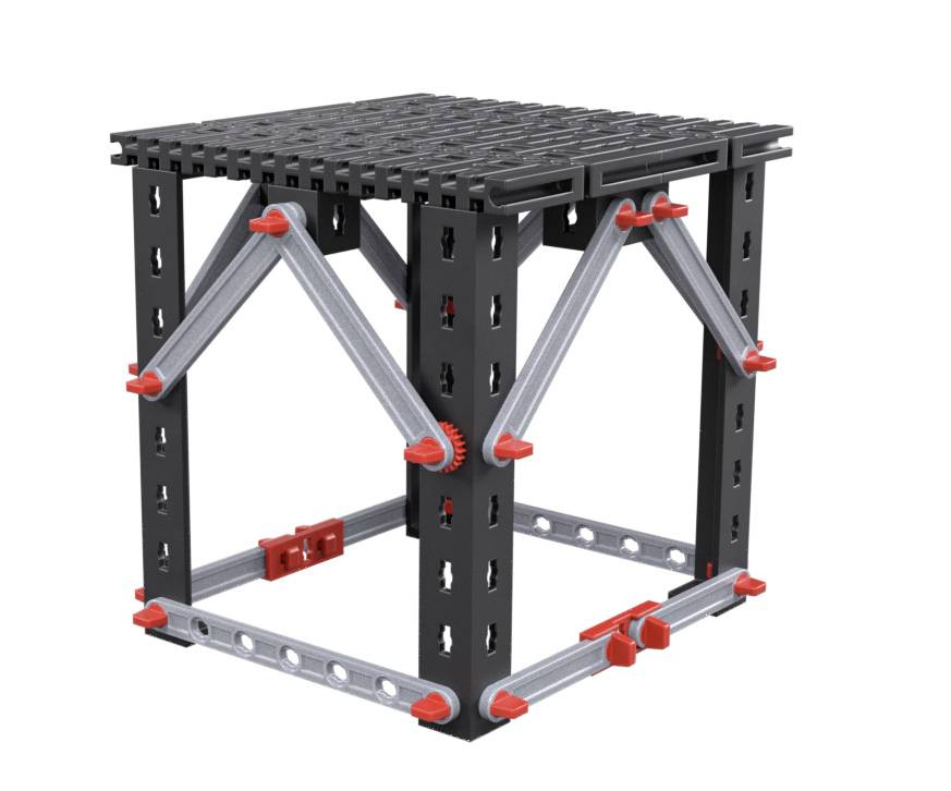 Structure de construction modulaire composée de barres noires et grises avec des éléments de connexion rouges, formant un cube stable avec des renforts structurels.