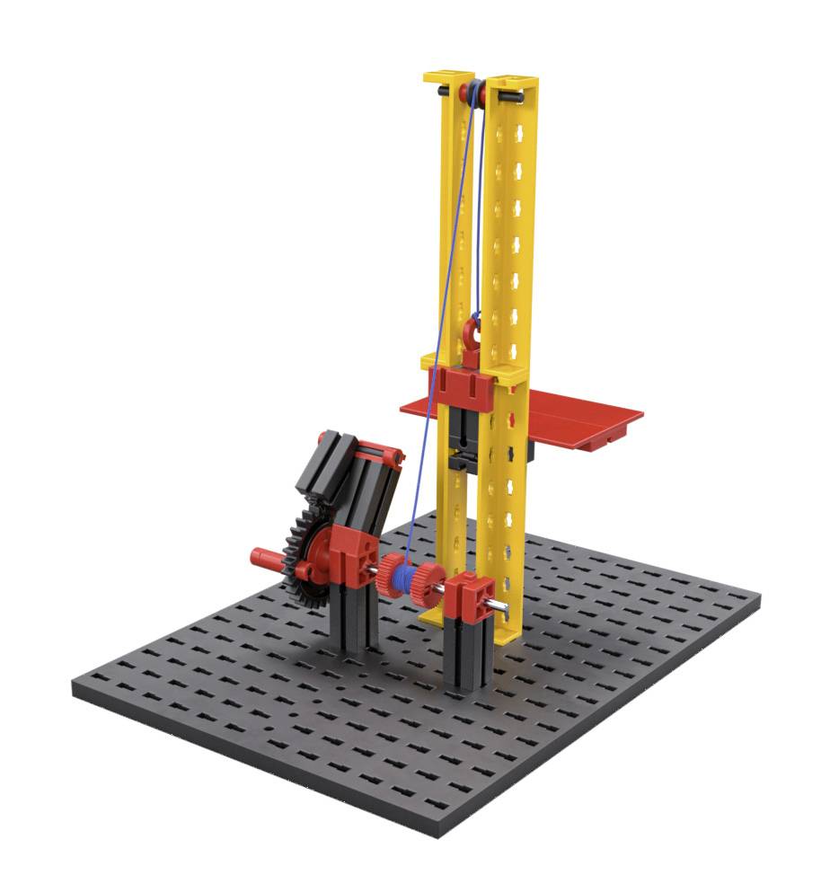 Un modèle de monte-charge à engrenage avec crémaillère et pignon moteur, composé de pièces en plastique colorées sur une base perforée.