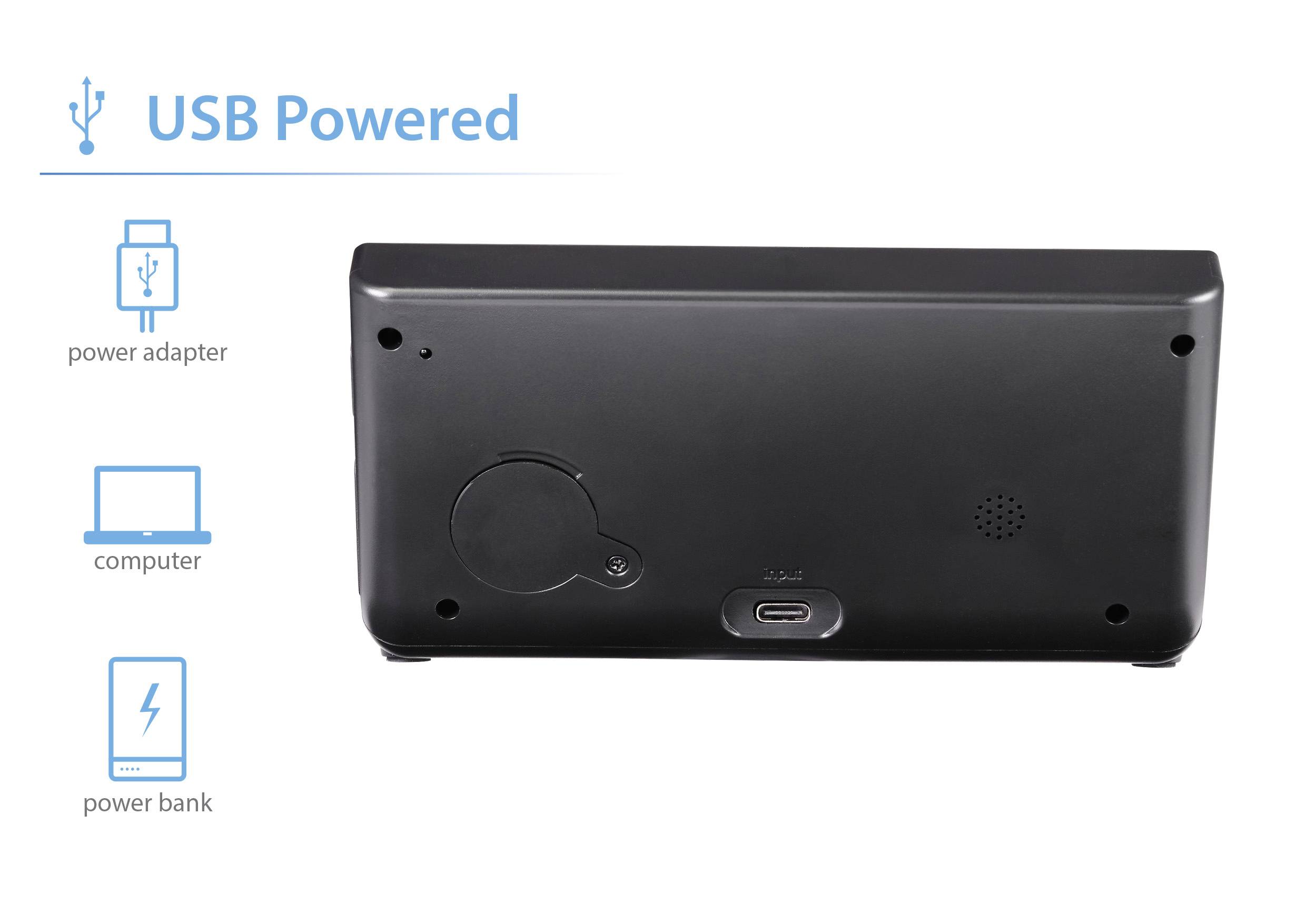 Arrière d'un appareil noir avec port USB. À gauche, symboles : 'Adaptateur secteur', 'Ordinateur', 'Batterie externe' avec icône USB. L'appareil est alimenté par USB.