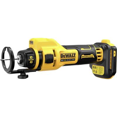 Outil multifonction à batterie en jaune et noir avec un accessoire pour des résultats de coupe précis. Numéro de modèle et logos sur le côté.