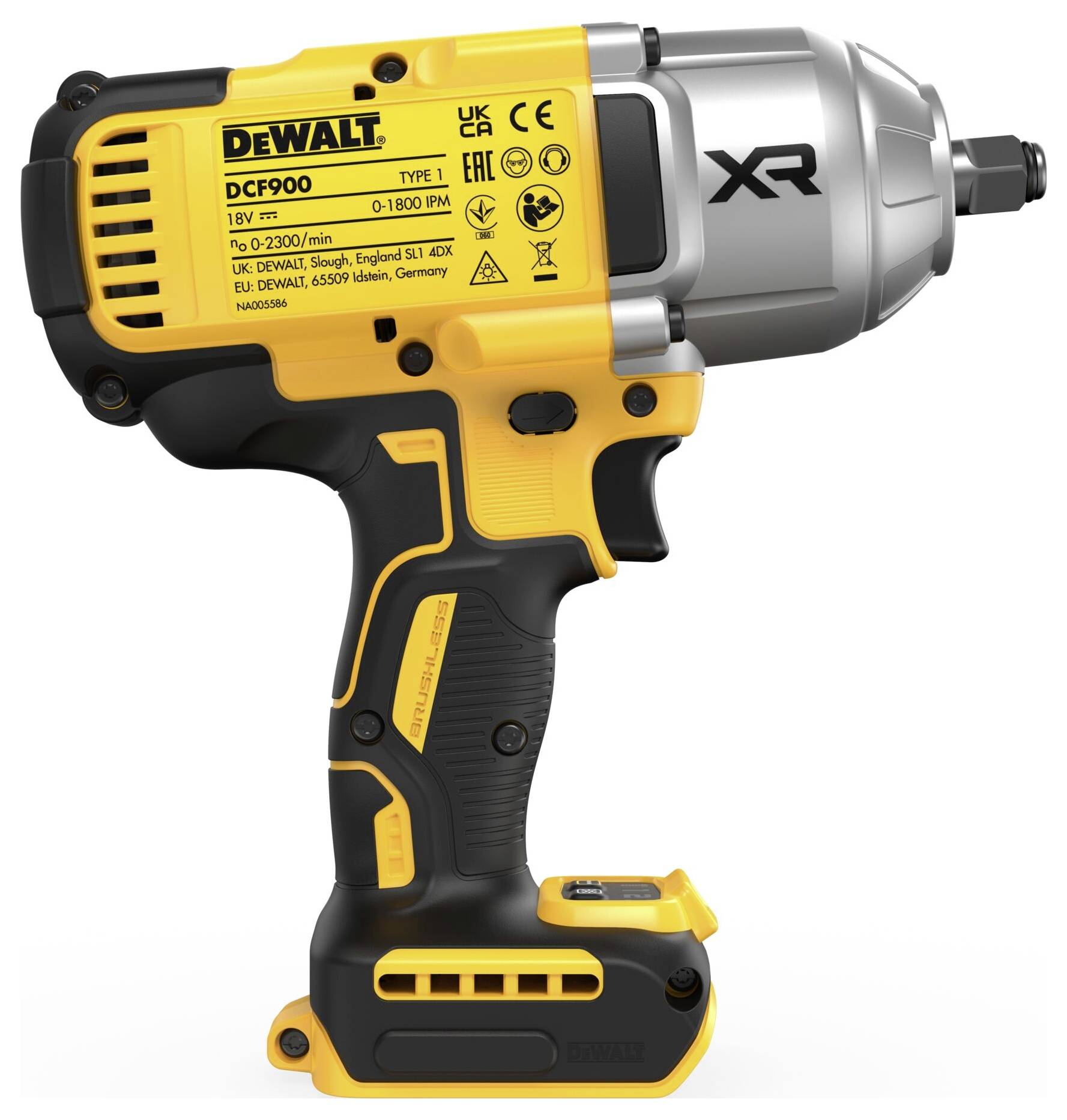 Un tournevis à chocs sans fil jaune et noir de la marque DeWalt, modèle DCF900, avec une poignée ergonomique et le logo XR sur le côté.