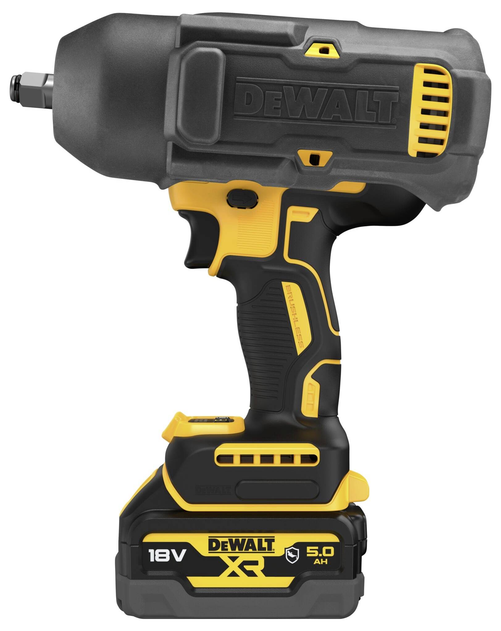 Un visseuse à chocs sans fil jaune et noir DeWalt de 18V avec batterie de 5,0 Ah, idéal pour une utilisation professionnelle.