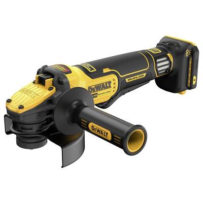 Un meuleuse d'angle jaune DeWalt avec poignée noire et batterie. Marquage « BRUSHLESS » sur le côté.