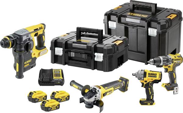 DEWALT DCK428P3T-QW DCK428P3T-QW Jeu d'outils Perceuse-visseuse à percussion sans fil, Clé à chocs sans fil, Marteau perforateur sans fil, Meuleuse d'angle sans fil, Batterie, Chargeur sans fil 10 pièces