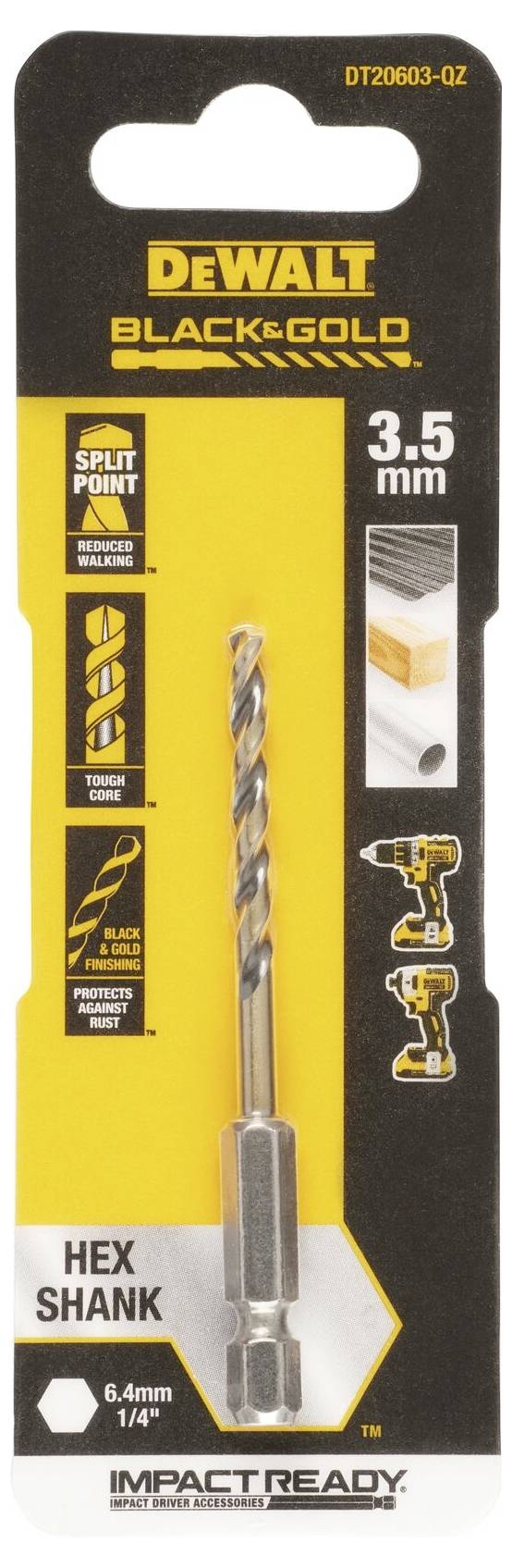 'Coffret de forets DeWalt Black & Gold 3,5 mm avec tige hexagonale et pointe à splitpoint. Adapté pour le bois, le métal et le plastique.'