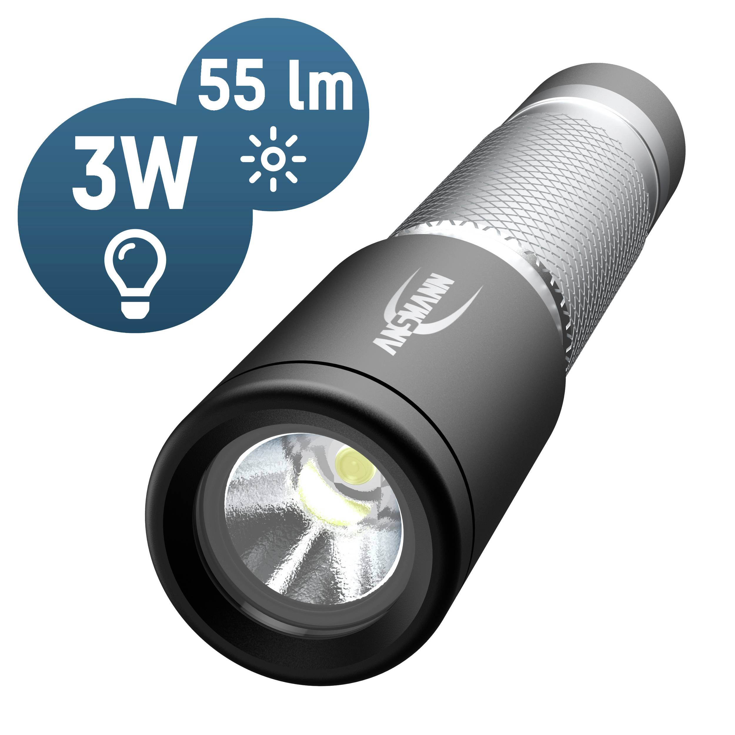 Une lampe de poche noire avec une poignée argentée, marquée '3W' et '55 lm', indiquant sa puissance et sa luminosité.