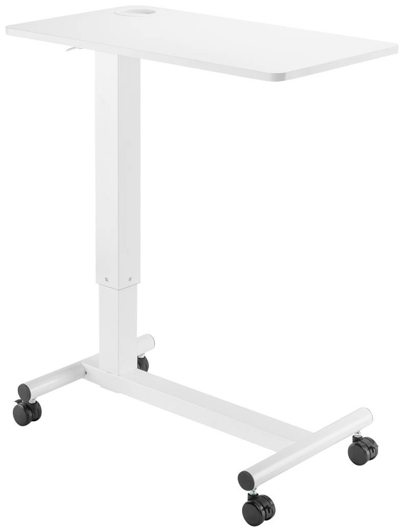 Une table mobile blanche à hauteur réglable, montée sur roulettes. Idéale pour des environnements de travail flexibles ou comme table d'appoint.