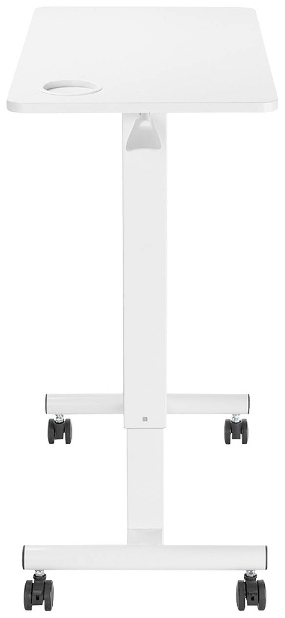 Une table blanche étroite montée sur quatre petites roulettes. La table présente une ouverture circulaire sur un côté. Idéale pour un environnement de travail flexible.