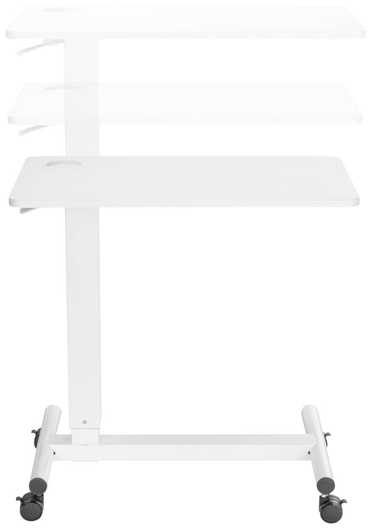 Table mobile et réglable en hauteur, monté sur roulettes, adapté au travail flexible et permettant un ajustement facile à différentes hauteurs.