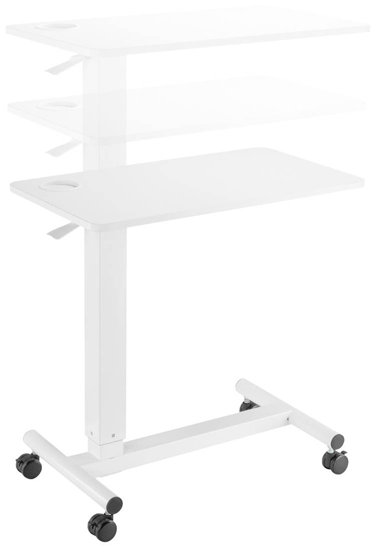 Table blanc réglable en hauteur avec roulettes. Idéal pour une utilisation flexible au bureau ou à la maison.