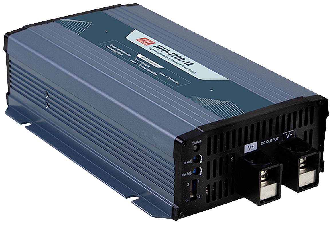 Onduleur avec numéro de modèle 'NPB-1200-12', boîtier bleu, deux bornes de connexion noires ; pour la conversion du courant continu en courant alternatif.