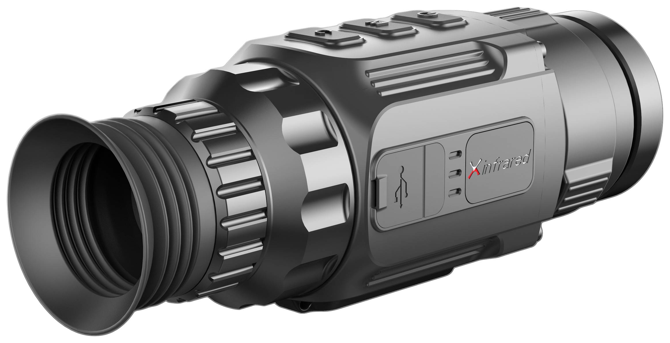 Un dispositif de vision nocturne compact noir avec plusieurs boutons sur le dessus, adapté aux activités de plein air dans des conditions de faible luminosité.