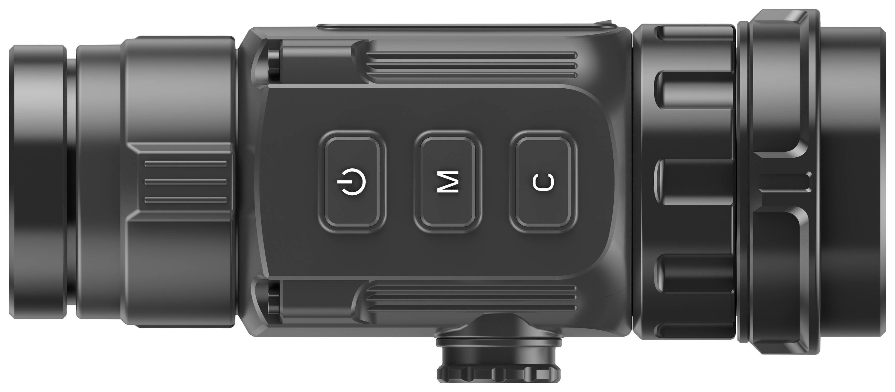 Appareil portable compact noir, doté de trois boutons ; utilisé pour la vision nocturne ou la technologie d'imagerie thermique.