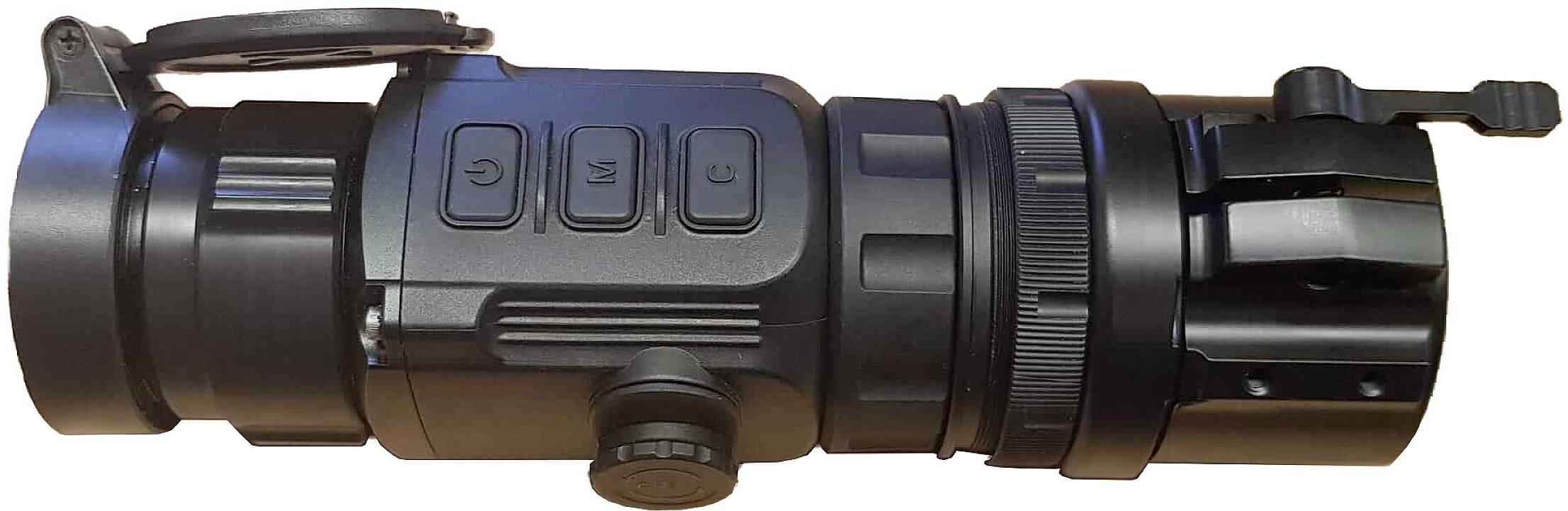 Un dispositif de vision nocturne avec plusieurs boutons de réglage et une molette de mise au point sur le côté, doté d'un boîtier noir robuste.