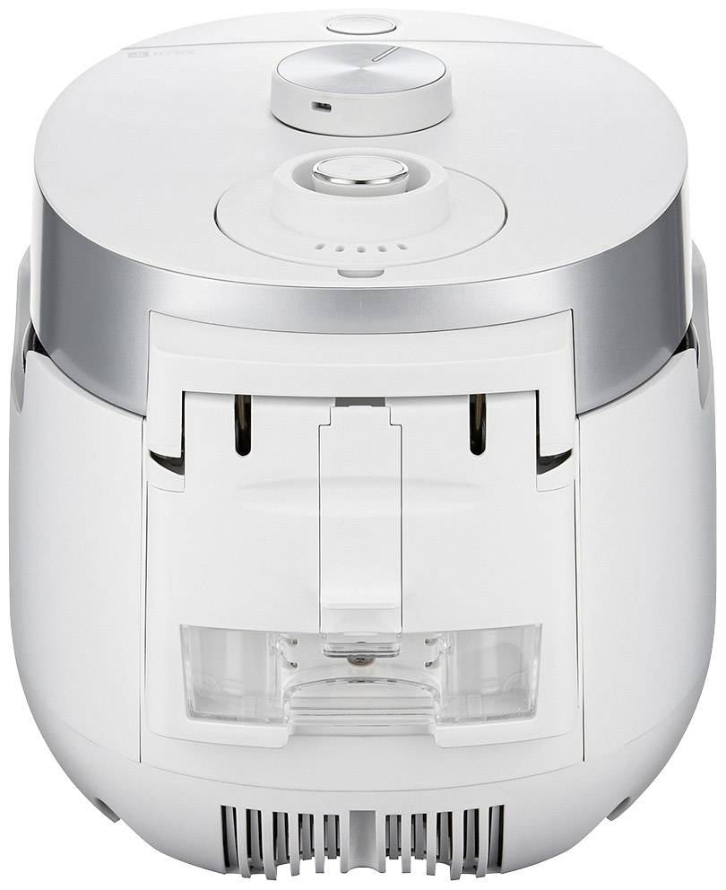 Un humidificateur blanc au design arrondi, doté d'un grand bouton rotatif sur le dessus et d'un réservoir d'eau à l'avant.