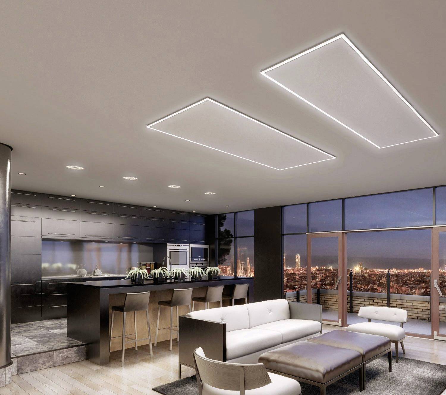 Cuisine moderne avec îlot central, espaces de repas et vue sur un paysage urbain illuminé à travers de grandes fenêtres.