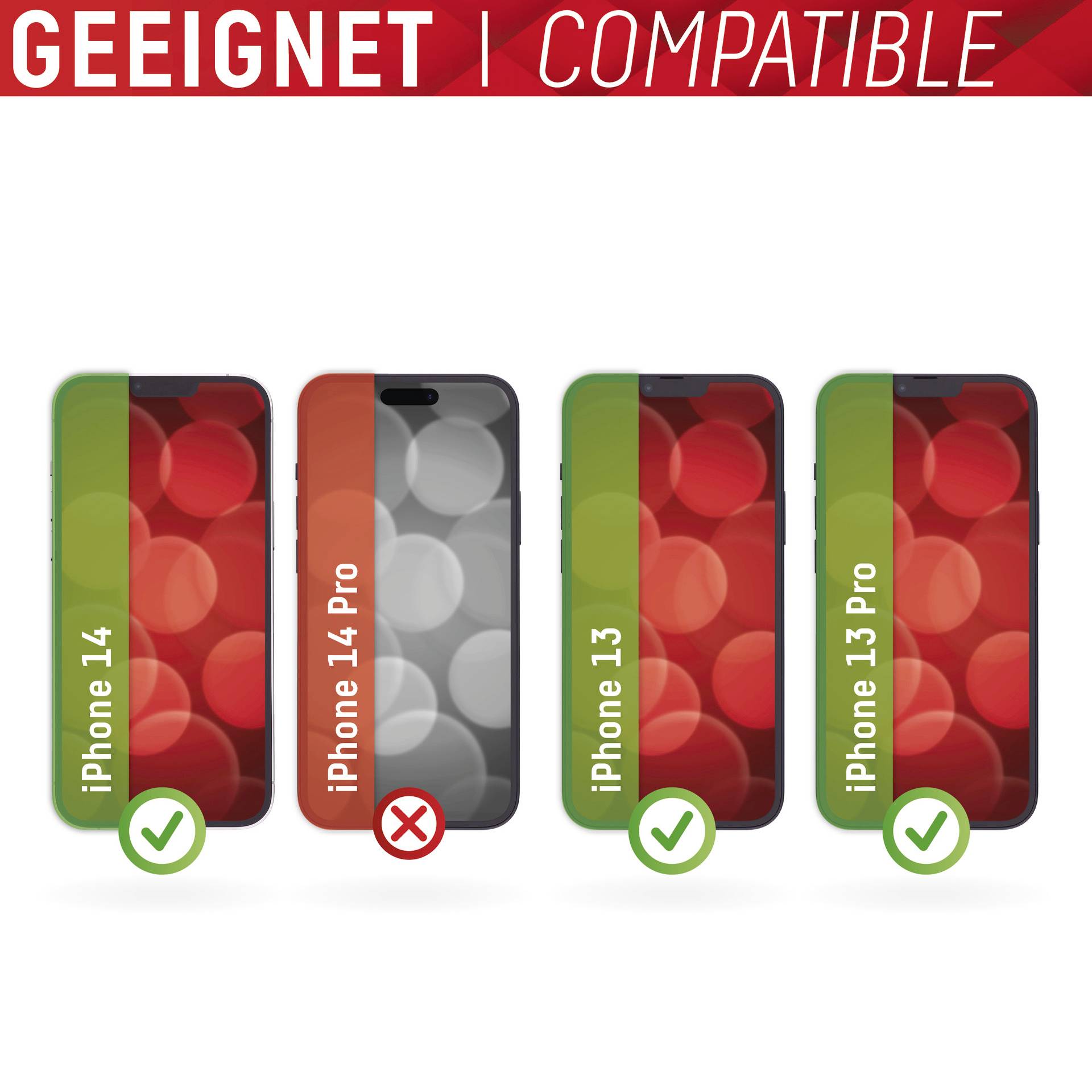 iPhone 14 et iPhone 13 Pro compatibles ; iPhone 14 Pro non compatible. Représentation visuelle des modèles de smartphones avec des marquages.