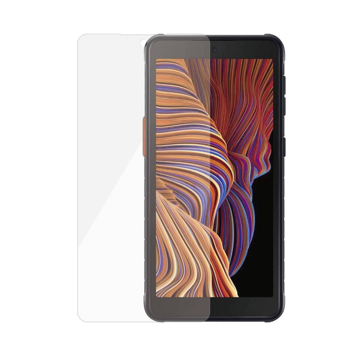 Un smartphone avec un motif abstrait et coloré sur l'écran. Il est recouvert d'un film de protection transparent.