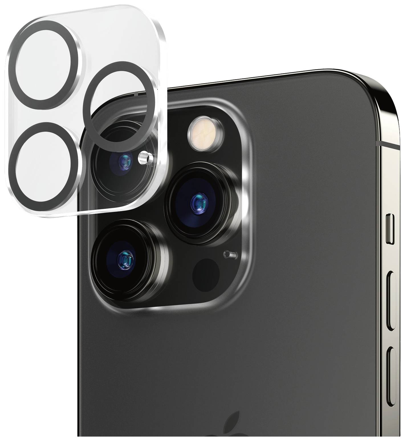 Gros plan d'un smartphone doté de trois objectifs d'appareil photo et d'un flash ; à côté, une housse de protection transparente flotte.