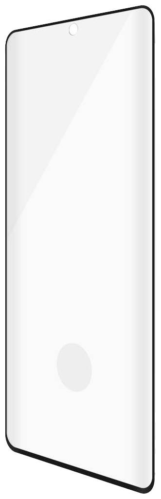 Protection d'écran en verre trempé pour smartphone, couvrant toute la surface avec une découpe pour la caméra frontale, design minimaliste.