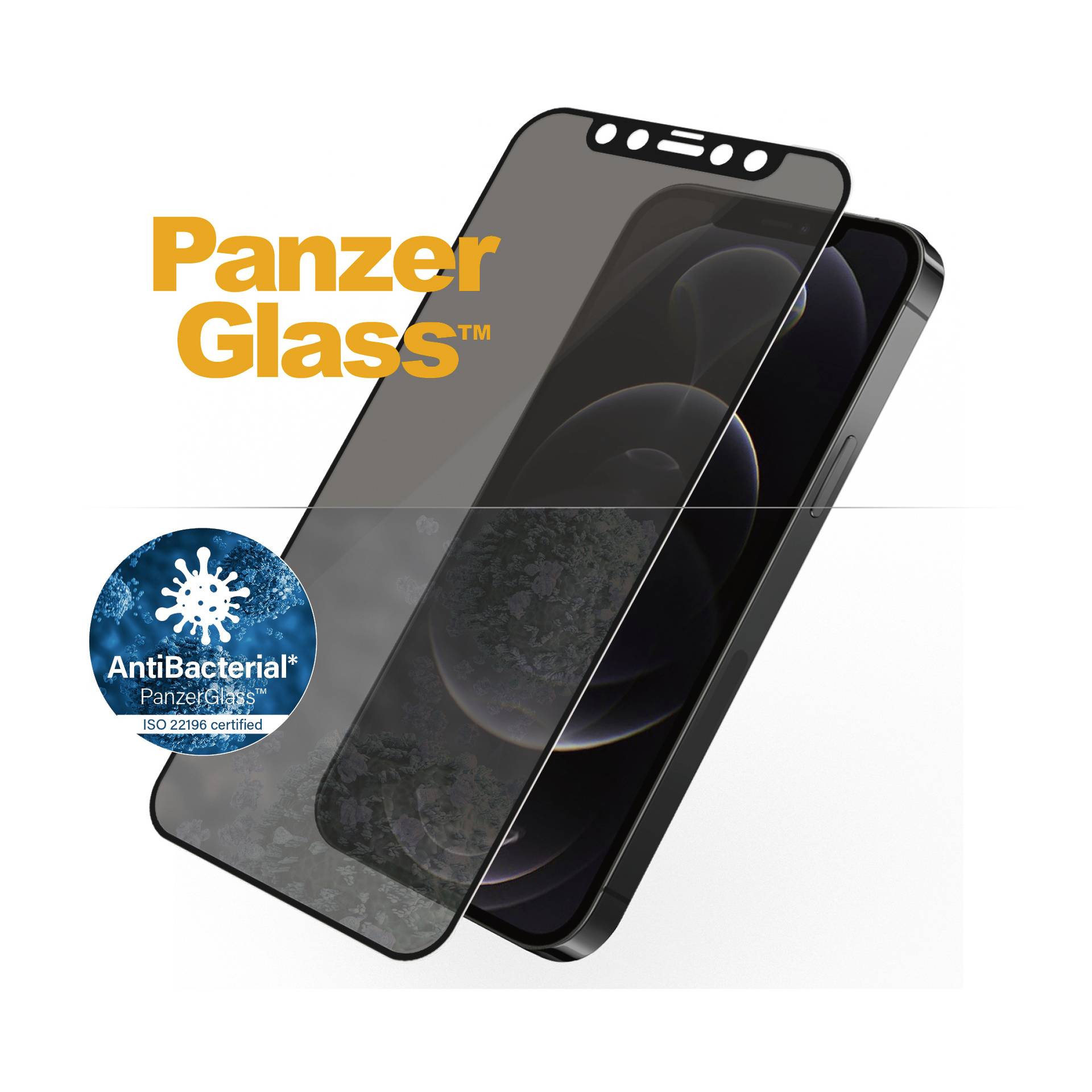 Verre de protection d'écran de la marque PanzerGlass sur un smartphone. Contient un sceau antibactérien certifié ISO 22196.