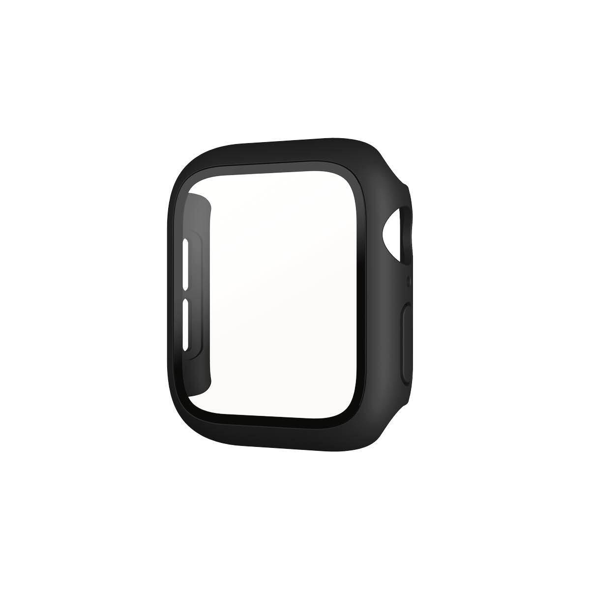 Boîtier noir pour une montre connectée, cadre fin, forme carrée, découpes pour boutons et capteurs.