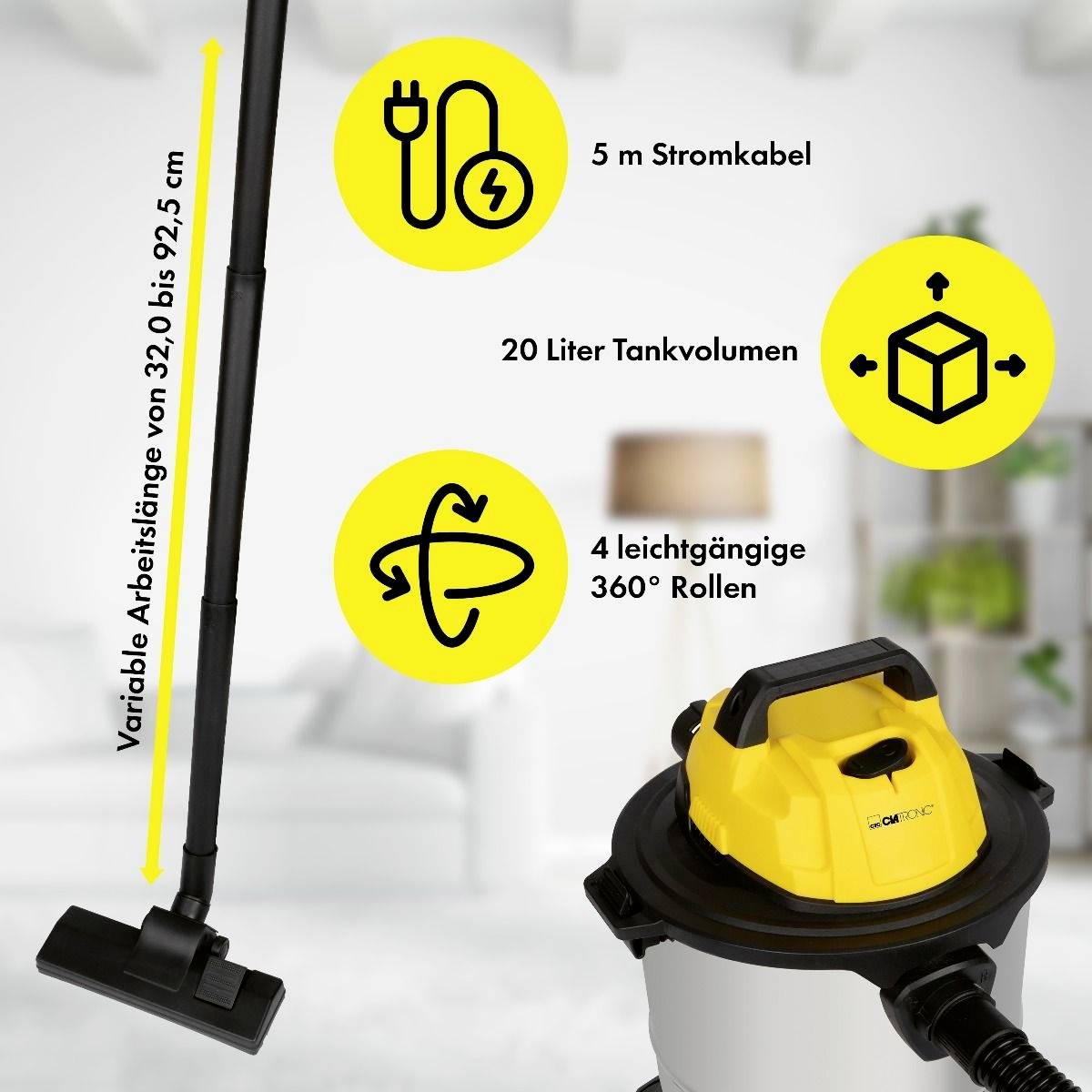 Aspirateur avec une plage de travail variable de 32 à 92,5 cm, réservoir de 20 litres, roulettes faciles à manœuvrer et câble électrique de 5 m dans le salon.