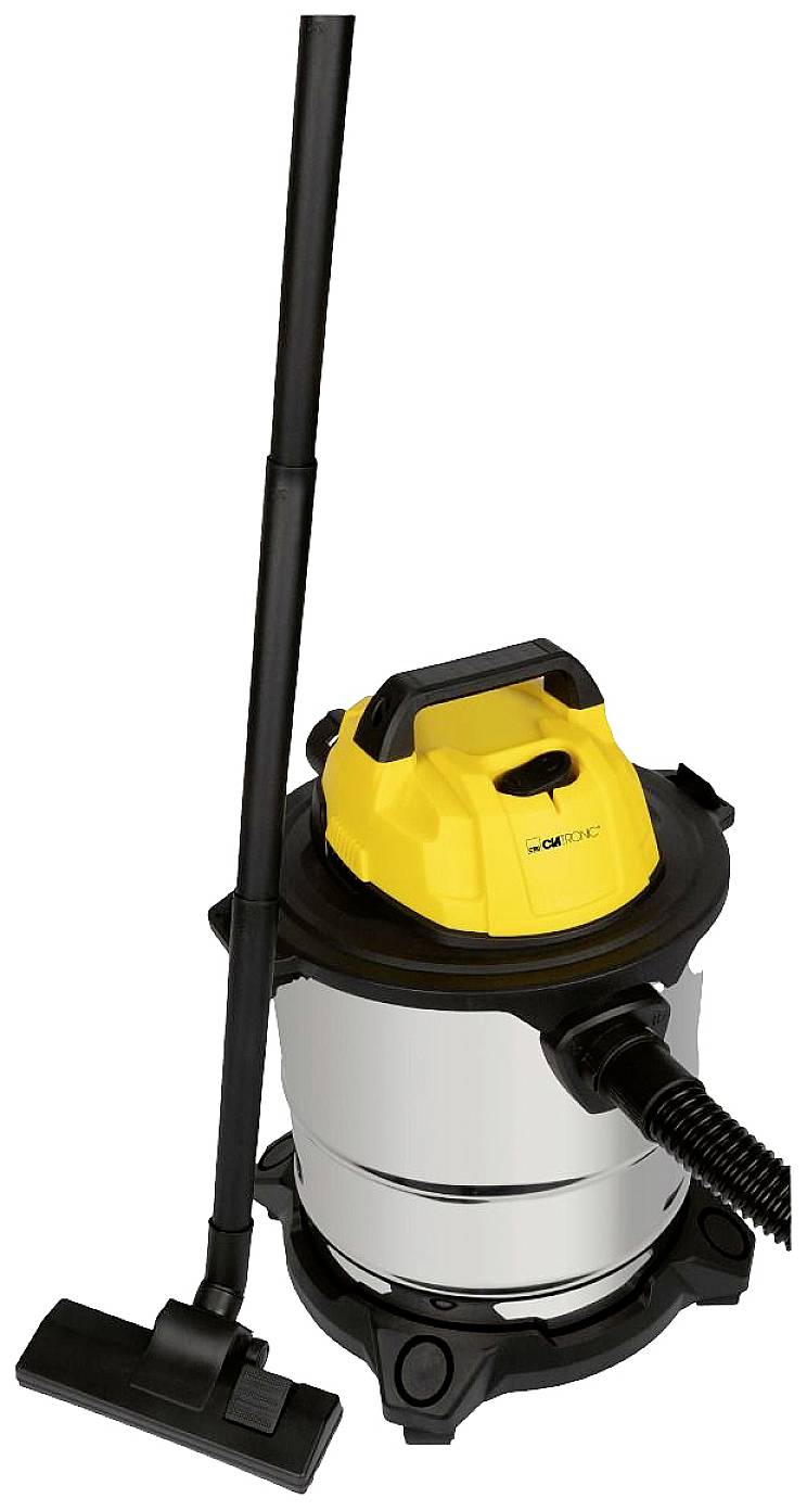 Aspirateur industriel à boîtier jaune et noir, réservoir argenté et tube d'aspiration noir. Adapté pour les salissures importantes.