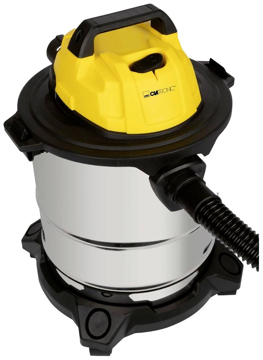 Un aspirateur industriel jaune et argenté avec un tuyau noir et un design robuste, adapté aux ateliers ou aux chantiers de construction.