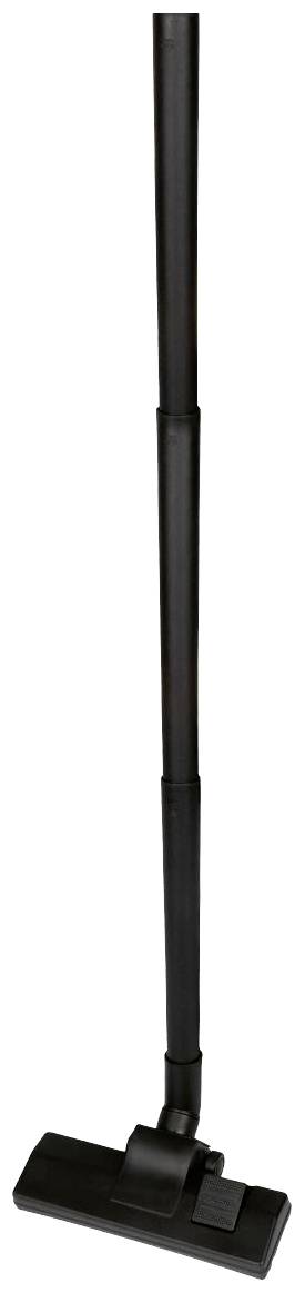 Un aspirateur noir avec un manche fin et réglable est debout, sans arrière-plan ni décoration visible.