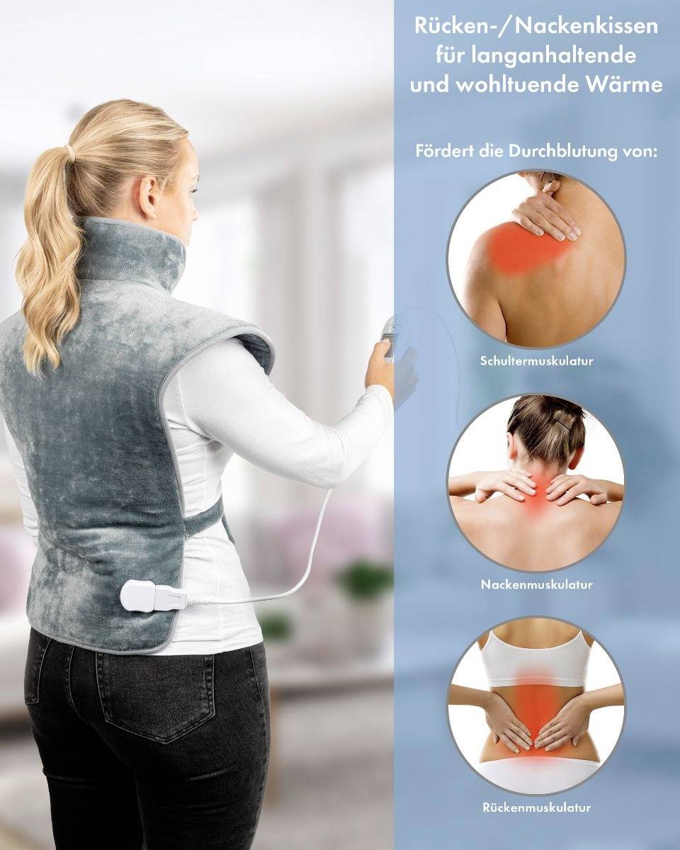 Une femme porte un coussin chauffant pour le dos/la nuque afin de favoriser la circulation sanguine. Une infographie montre quels muscles sont sollicités.
