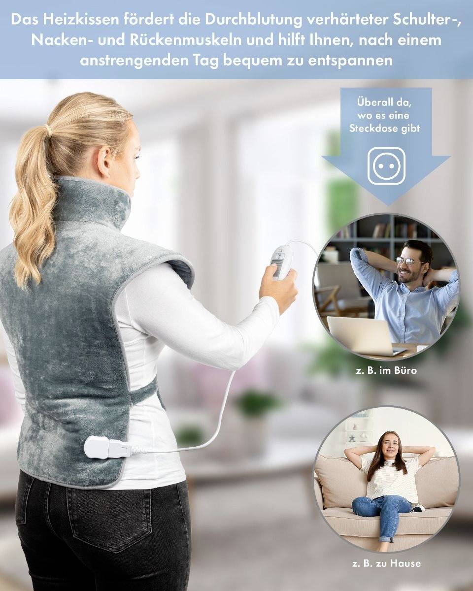 Une personne portant un coussin chauffant autour du dos, tenant un régulateur. Le texte explique les bienfaits du coussin pour la détente.