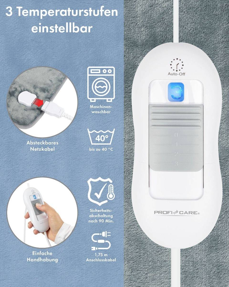 Un coussin chauffant avec 3 niveaux de température réglables, fonction d'arrêt automatique après 90 minutes, lavable en machine jusqu'à 40°C, câble de 1,75 m.