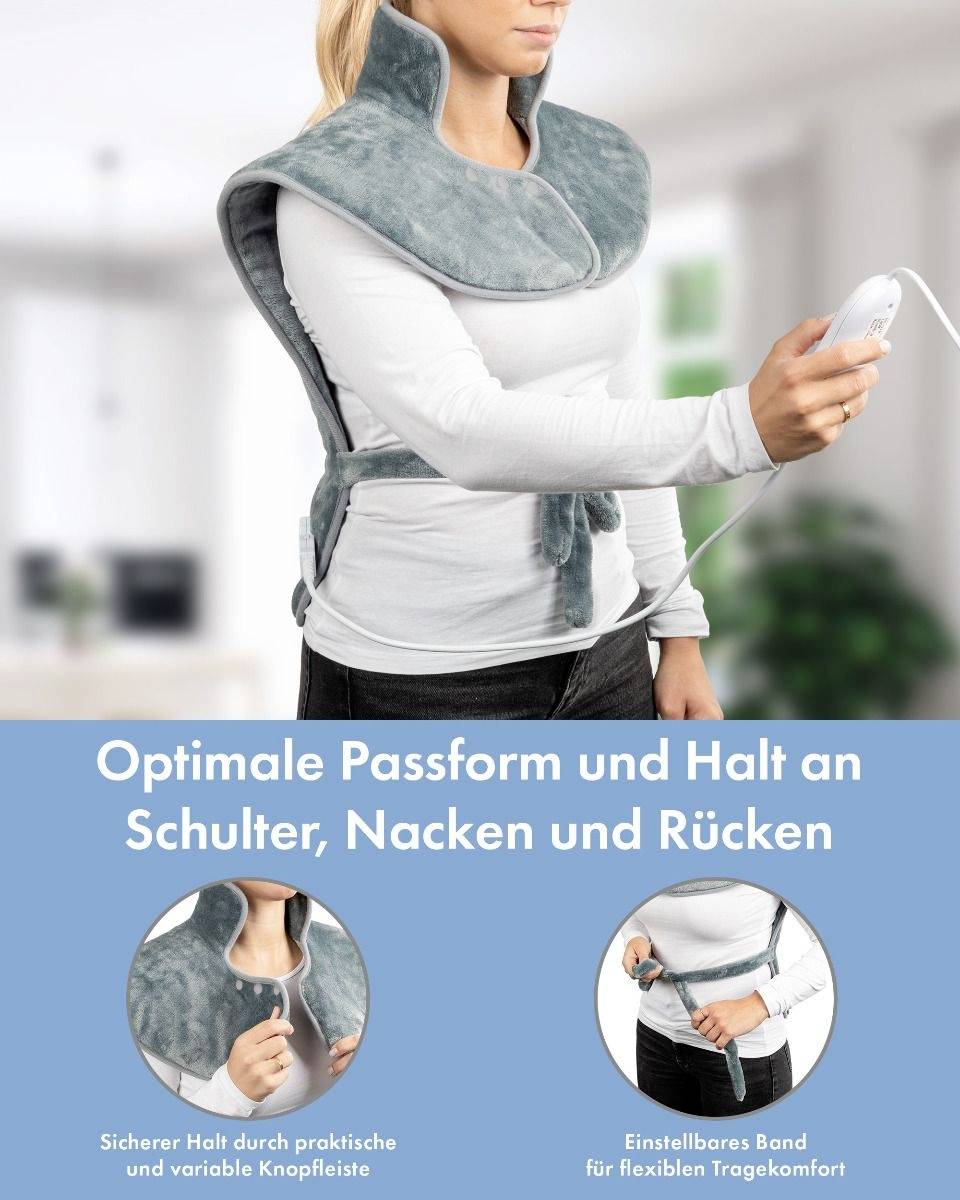 Une femme porte un coussin chauffant autour des épaules et de la nuque. Le texte souligne l'ajustement optimal et le maintien réglable.
