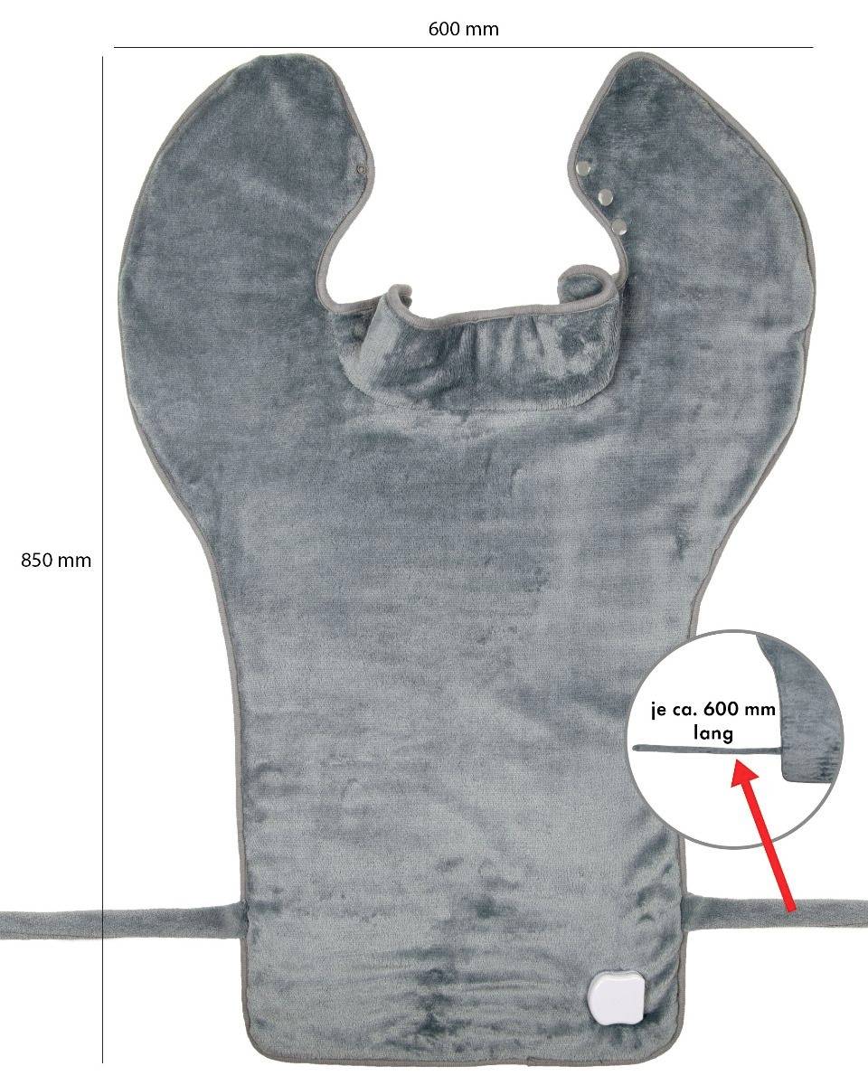 Coussin chauffant de couleur grise, mesurant 600 mm de largeur et 850 mm de hauteur, avec des boutons-pression ajustables et une touche de contrôle.